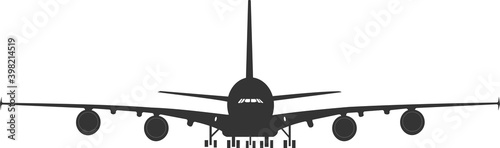 Silhouette of an A 380 passenger plane on a landing gear.