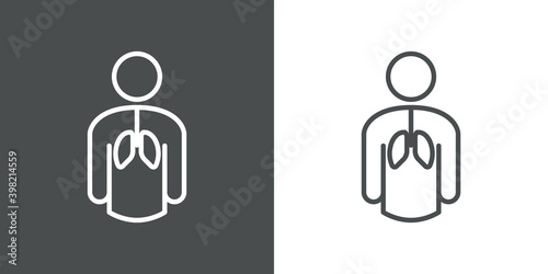 Sistema respiratorio. Icono pulmones en hombre con lineas en fondo gris y fondo blanco