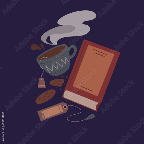 Cozy evening reading of books. Flat night illustration of a book, a cup of tea, a cookie and a bookmark on blue background. Vector cartoon object for cards, banners, labels and your design.