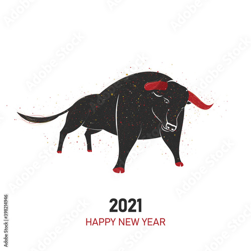 2021 Year of the Ox vector illustration black silhouette with red and gold particles on white background. New 2021 chinese year of the bull art in modern abstract style consists of colorful dots