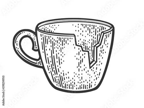 broken cup without chipped fragment sketch engraving vector illustration. T-shirt apparel print design. Scratch board imitation. Black and white hand drawn image.
