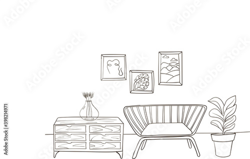Hand drawn scetch of interior with sofa, cabinet, plants and pictures on the wall