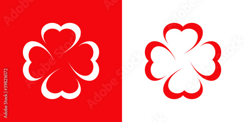 Logotipo 4 corazones con forma de hojas de trébol en fondo rojo y fondo blanco