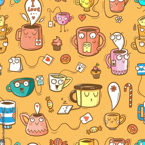 Seamless pattern with cute cups and sweets on orange background. Wallpaper with mugs and tea sachets. Dishes with tastydrink. Cartoon doodle print.