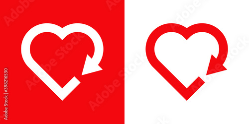 Logotipo contorno de corazón con flecha en fondo rojo y fondo blanco