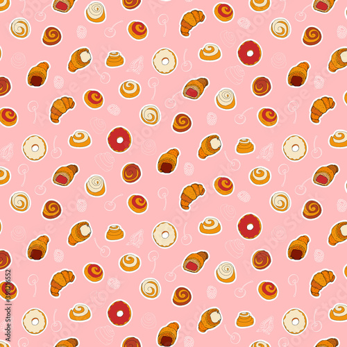 Seamless vector pattern whith buns, bagels, croissants