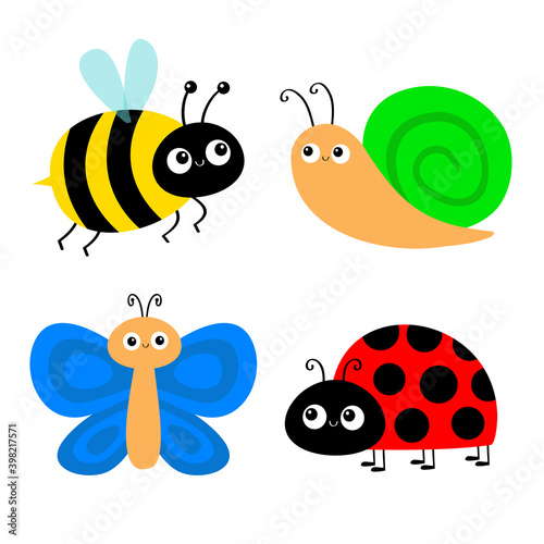 Butterfly, snail, lady bug ladybird bee bumblebee flying insect icon set. Ladybug. Side view. Cute cartoon kawaii funny baby character. Happy Valentines Day. Flat design. White background.