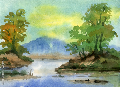 Summer landscape  sun and part of the forest. Watercolor illustration.