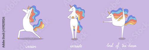 Vector set with unicorn doing yoga and meditation. Funny animal character for fitness print.