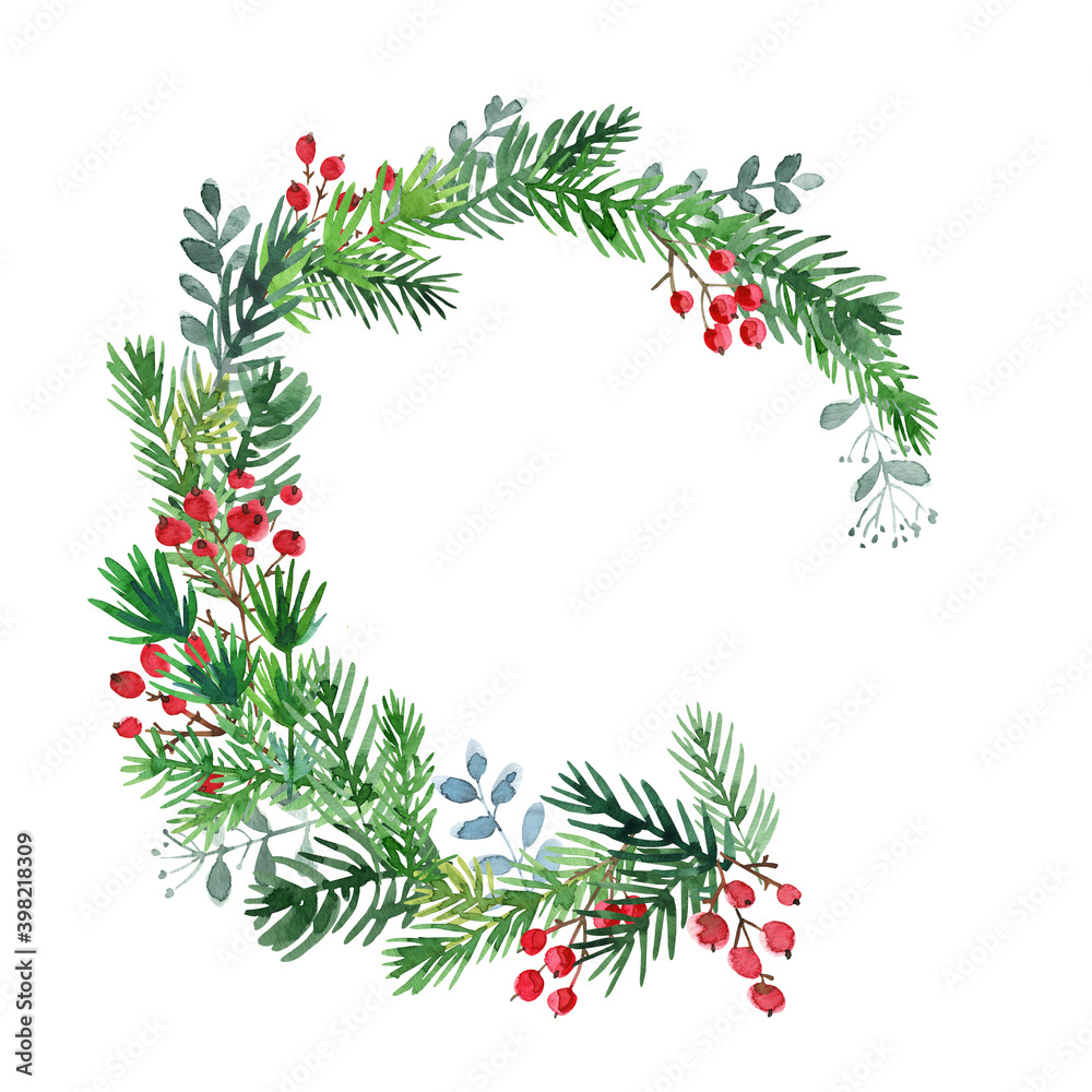 Christmas wreath. Ornaments from the branches painted with watercolors on white background. Branches of trees. 