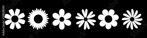 Daisy Camomile. Six chamomile silhouette shape icon line set. Cute round flower plant nature collection. Love symbol. Growing concept. Decoration element. Flat design. Black background.