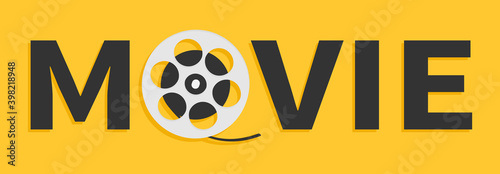 Movie reel icon. I love cinema icon. Word MOVIE. Film festival banner flyer poster invitation template. Flat design style. Yellow background. Isolated.