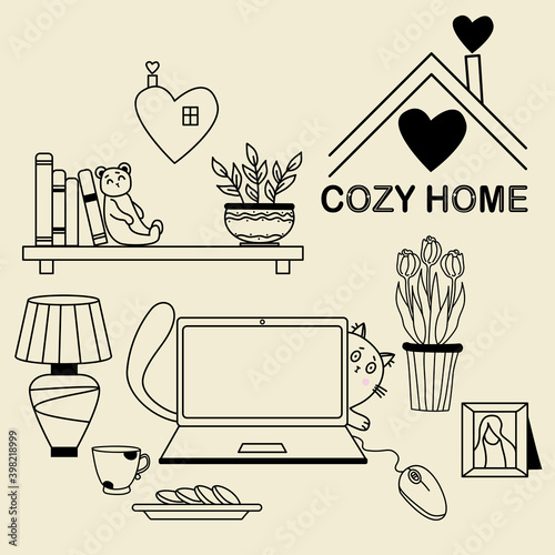Cozy home. A set of doodles - a cat peeking out from behind a laptop, a bookshelf and a teddy bear a toy, flowerpots and a tulips, a table lamp and a cup with cookies and a heart logo. Vector, outline