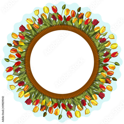 Flower wreath with tulips isolated on white.