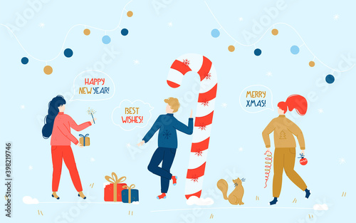 A group of friends are preparing for the holidays and congratulate each other. Vector flat design of people. Cozy cartoon holiday illustration. Happy New Year And Merry Christmas cards