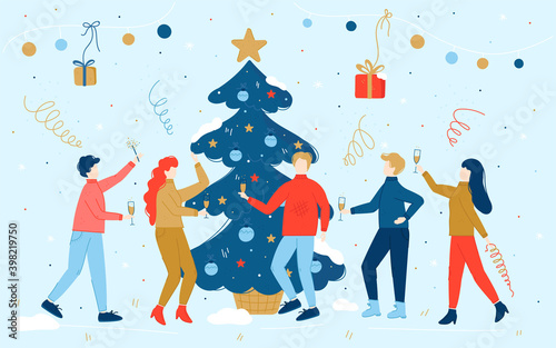 A cheerful company of friends with wineglass in their hands celebrate the New Year and Christmas holidays. Vector flat design of people. Cozy cartoon illustration. Happy New Year And Merry Christmas