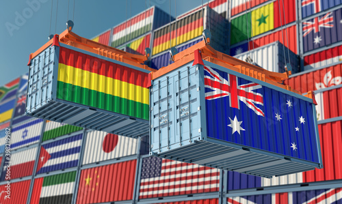 Freight containers with Australia and Bolivia national flags. 3D Rendering 
