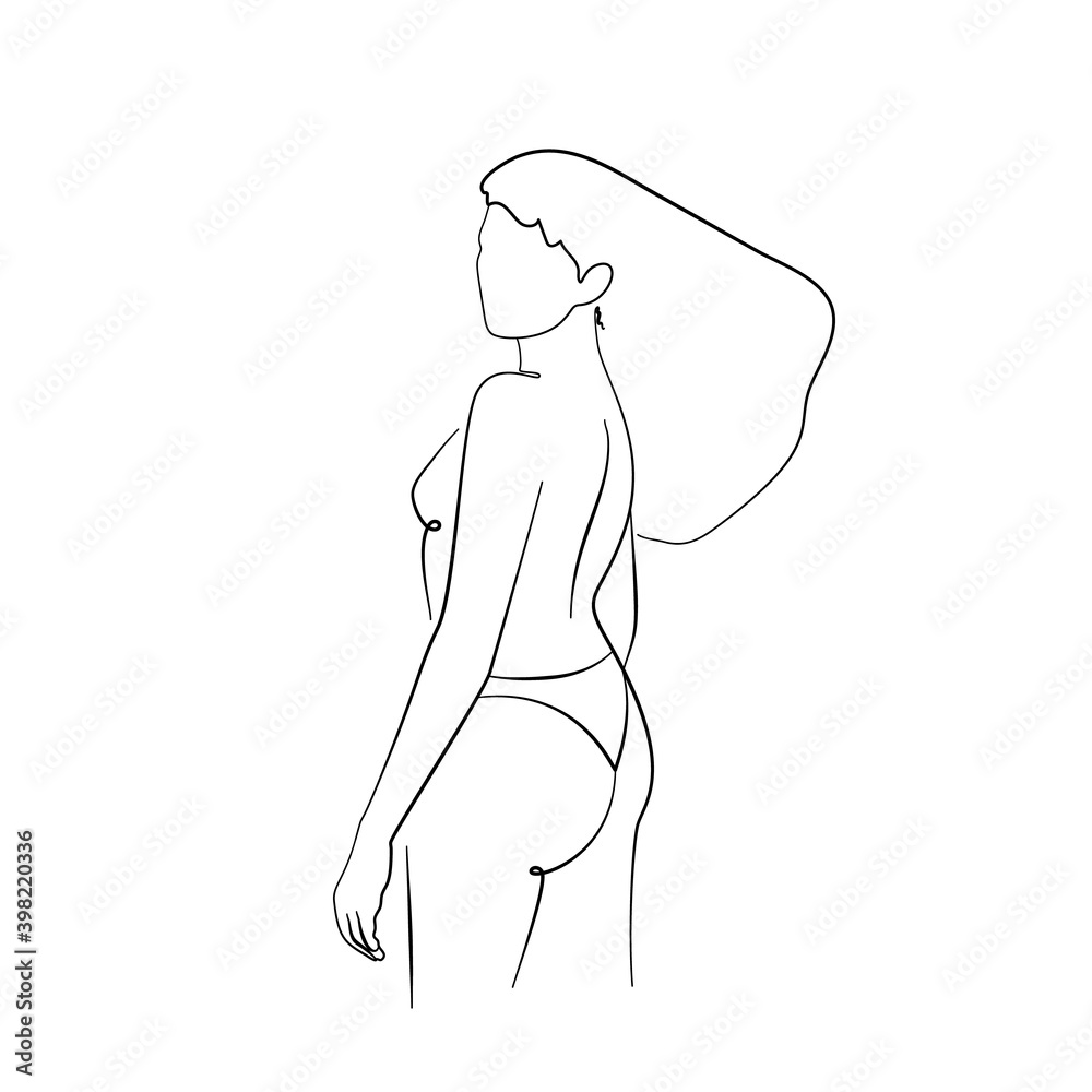 Fototapeta premium Single line drawing of a standing woman torso in underware from back. Isolated on white background. Vector illustration.