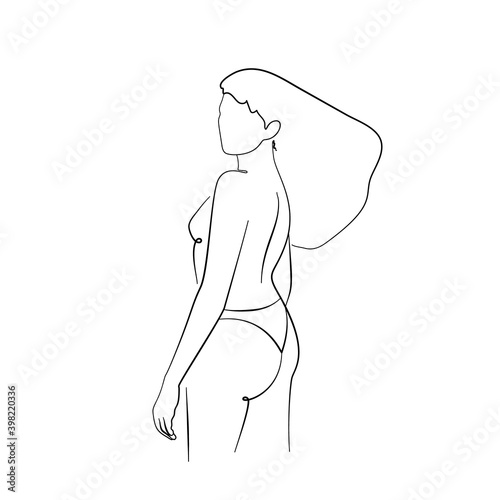 Single line drawing of a standing woman torso in underware from back. Isolated on white background. Vector illustration.