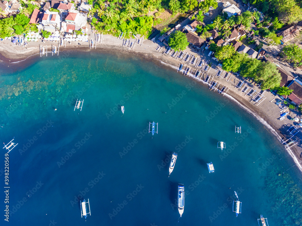 An aerial view of Amed beach on Bali island in Indonesia
