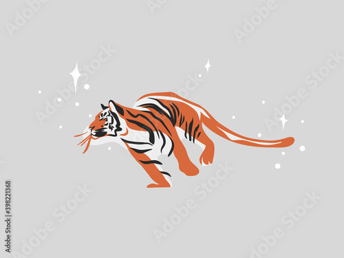 Hand drawn vector abstract stock flat graphic illustration with ethnic tribal mystic beautiful tiger in the wild,and magic stars in simple style ,isolated on white background