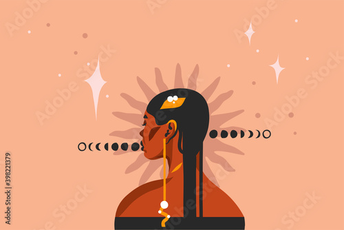 Hand drawn vector abstract stock flat graphic illustration with ethnic tribal black beautiful african american woman,sun and magic moon phases in simple style ,isolated on pastel background