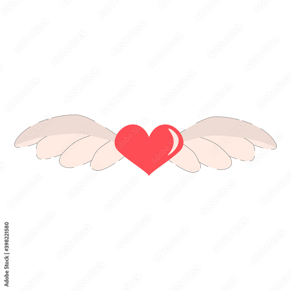 Cute heart with wings. 14 february, Valentine s Day, Love, wedding concept. Flat illustration.