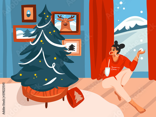 Hand drawn vector abstract stock flat Merry Christmas,and Happy New Year cartoon festive illustrations of big decorated Xmas tree and woman in holiday home interior isolated on color background