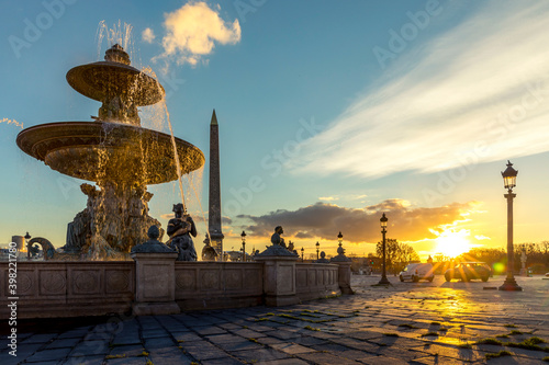 Paris, France - November 20, 2020: Fountain in the Place de la Concorde at sunset in Paris