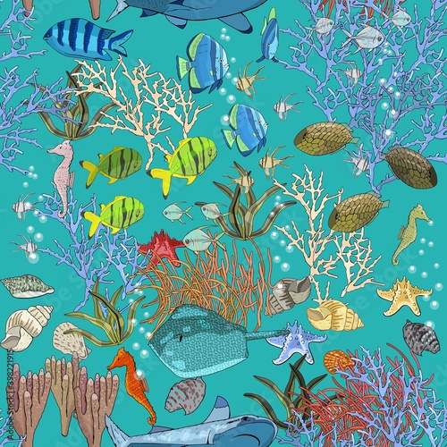 Underwater seamless pattern with exotic fish, seahorses, coral on black. Hand drawn vector.
