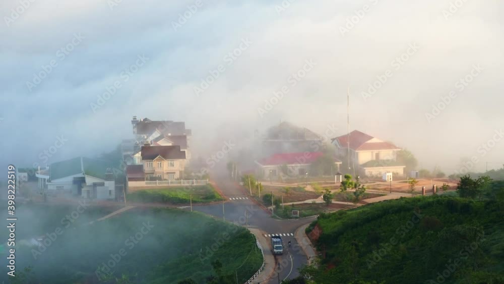 Da lat countryside in early morning, mist on residence, mountain chain with pine forest in foggy, wonderful landscape and romantic scenery Da lat countryside in early morning, mist on residence, mountain chain with pine forest in foggy, wonderful landscape and romantic scenery