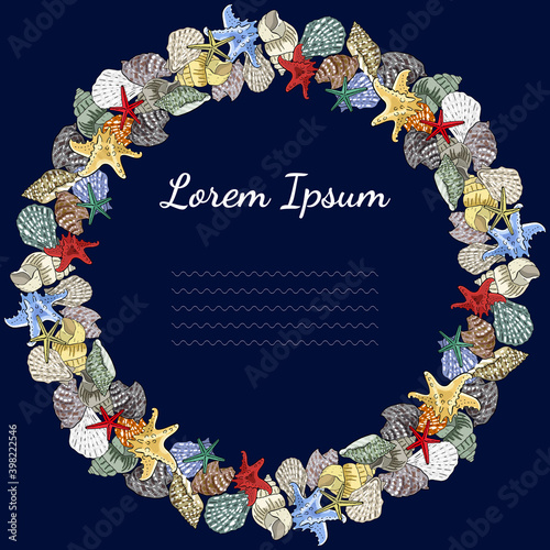 Round frame with seashells isolated on white.
