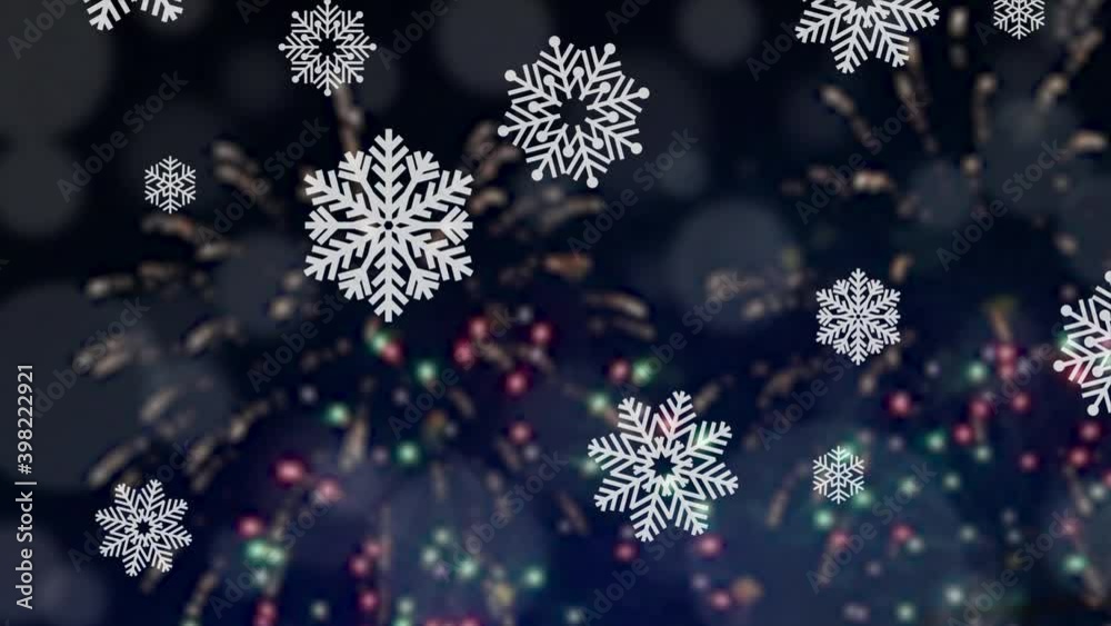 Beautiful fireworks show in the night sky and snowflake animation background, 4k