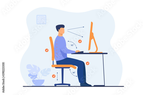 Instruction for correct pose during office work flat vector illustration. Cartoon worker sitting at desk with right posture for healthy back and looking at computer. Health and ergonomics concept photo