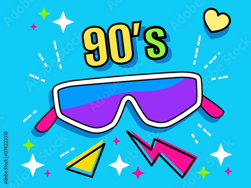 Neon retro ski sunglasses collection 90s. Women's and men's accessory from 80s. Optics, lens, vintage, 
trend. Vector illustration. 