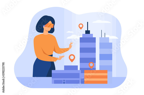 Woman modeling 3d office buildings on table flat vector illustration. Cartoon architect engineer wearing digital glasses of virtual reality. Construction and architecture concept