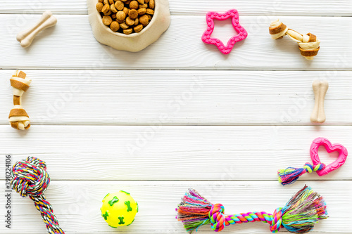 Pet toys and dry food for dogs and cats. Top view