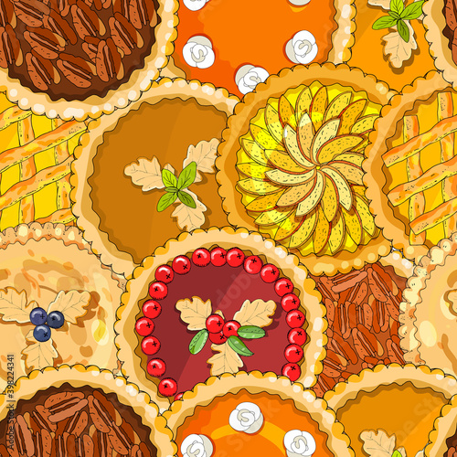 Seamless pattern with pies. The theme of autumn, harvest and thanksgiving.