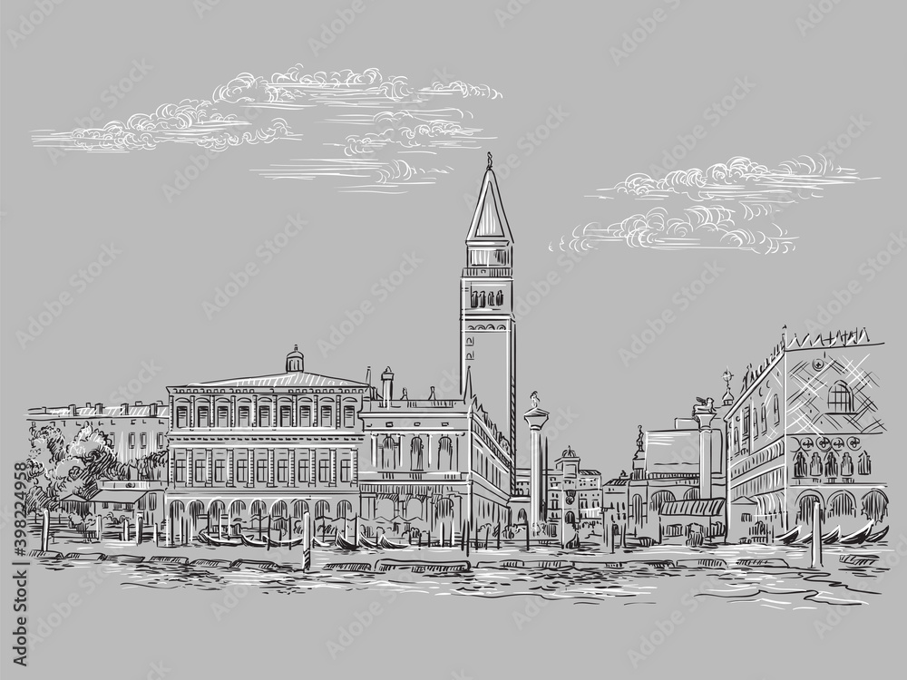 Venice drawing vector illustration St Mark Square gray Venice drawing vector illustration St Mark Square gray