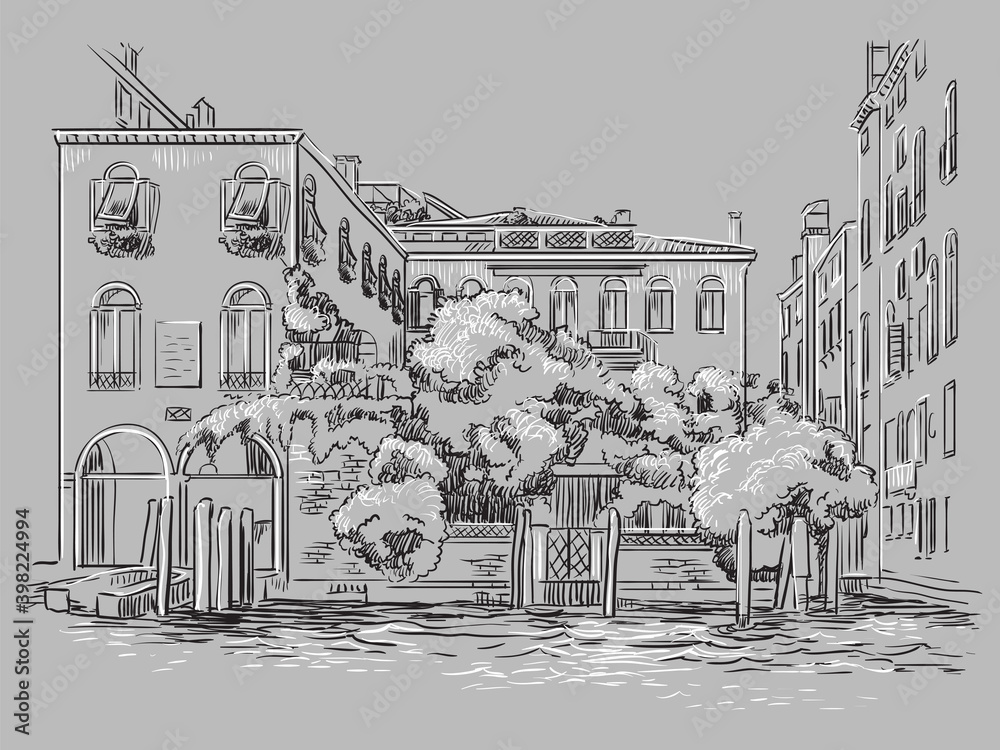 Venice drawing illustration cityscape on canal gray