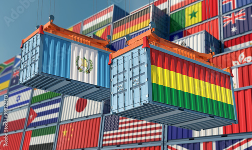 Freight containers with Guatemala and Bolivia national flags. 3D Rendering 