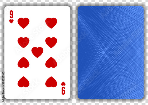 Nine of hearts playing card, isolated on transparent background. Vector illustration.