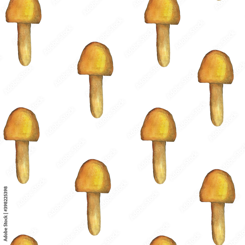 Cute cartoon mushroom seamless pattern on white background. Watercolor hand drawing illustration. Perfect for wallpaper, digital paper, print. Yellow toadstool mushroom.