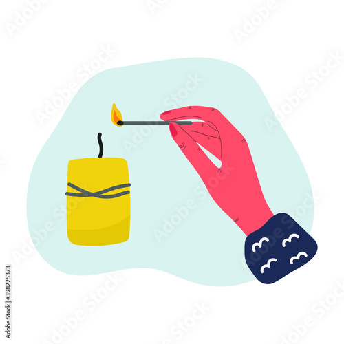Hand lights candle with match. Flat modern illustration. Romantic concept. 