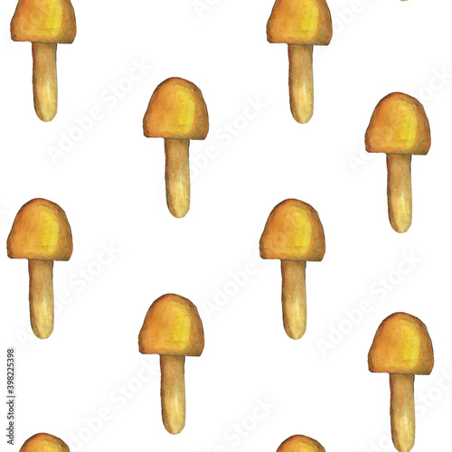 Cute cartoon mushroom seamless pattern on white background. Watercolor hand drawing illustration. Perfect for wallpaper, digital paper, print. Yellow toadstool mushroom.