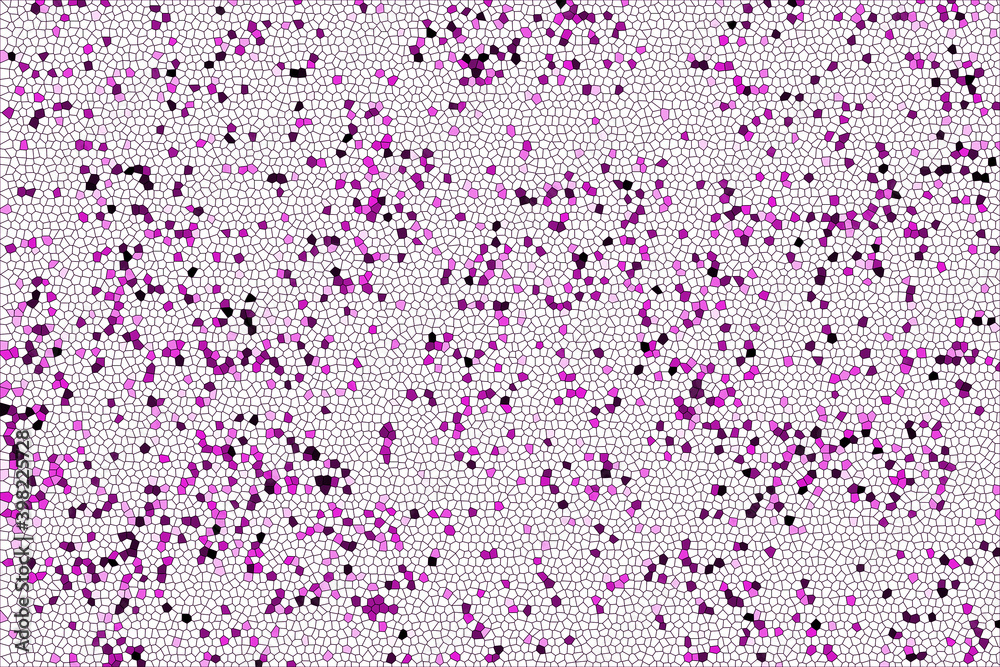 Purple mosaic. Some fragments are black, some are dark, others are light on a white background. Abstract textural background.