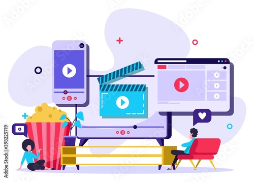 Movie watching concept illustration of young people using mobile gadgets, tablet pc and smartphone for live watching a video via internet. Tiny people illustration. Vector illustration