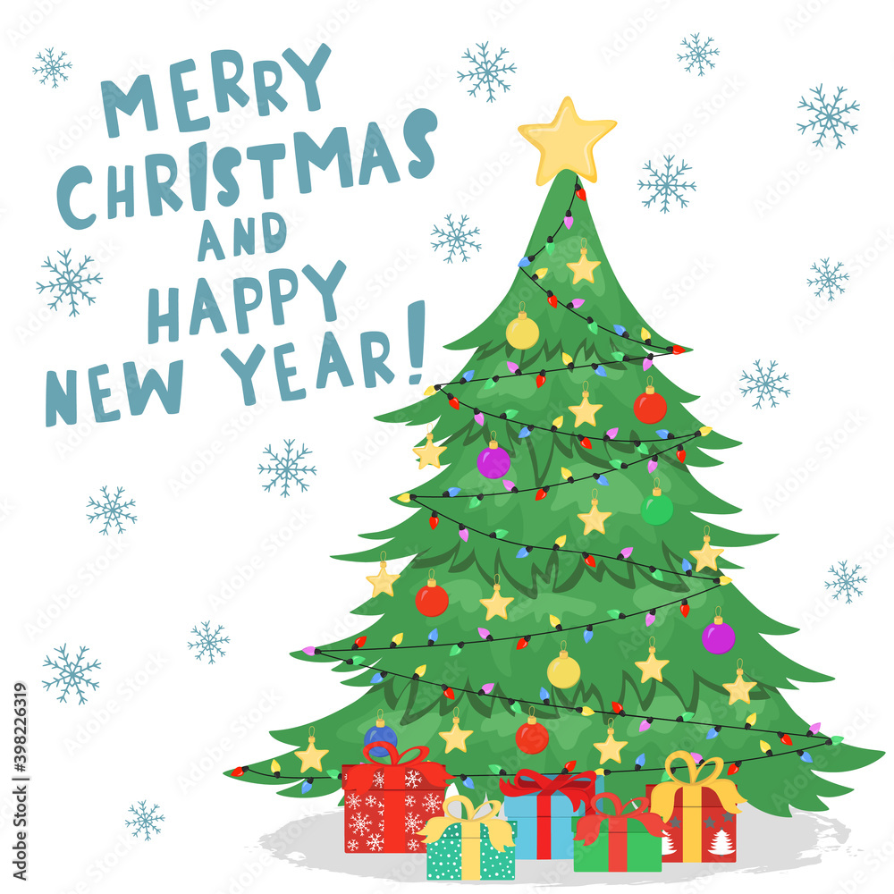 Hand drawn sketch illustration of Christmas tree with gift boxes, decoration balls, stars, garlands, snowflakes. Lettering Merry Christmas and Happy New Year. Vector for greeting card, banner, poster Hand drawn sketch illustration of Christmas tree with gift boxes, decoration balls, stars, garlands, snowflakes. Lettering Merry Christmas and Happy New Year. Vector for greeting card, banner, poster