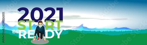 Vector illustration of 2021 start concept, finish 2020. Athlete runner preparing for running, new year 2021 is coming. Plans and goals of success.
