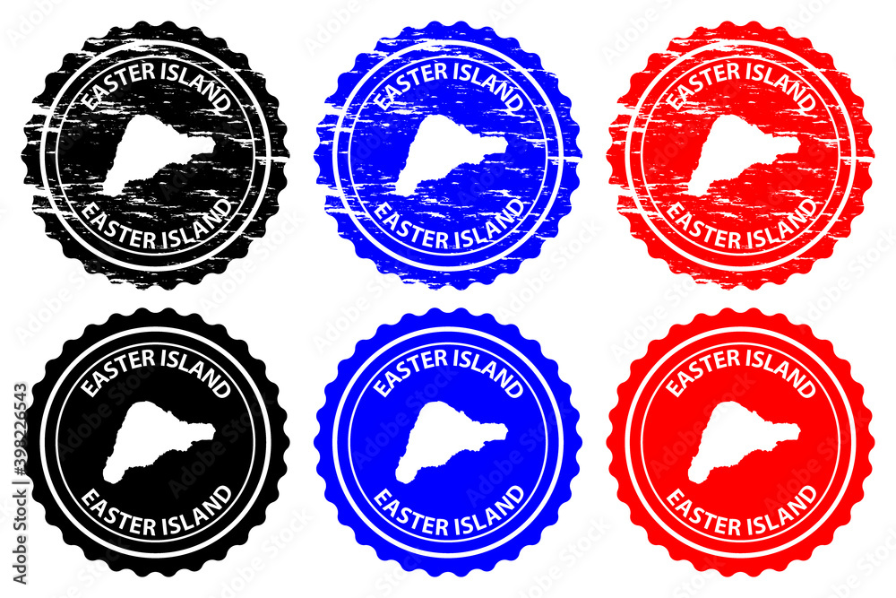 Easter Island - rubber stamp - vector, Rapa Nui map pattern - sticker - black, blue and red